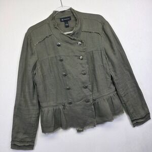 INC Jacket Womens L Green Double Breasted‎ Linen Raw Hem Military Utility Boho